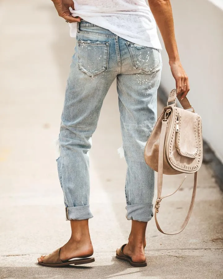 Women'S Washed Ripped Slim Printed Denim Trousers Wholesale Jeans